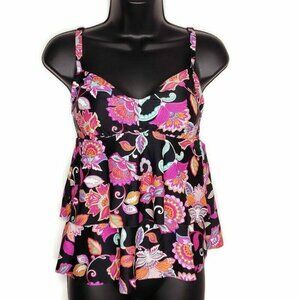 Sweet Escape Women's Swim Top 8 Black Pink Floral Full Coverage Ruffles